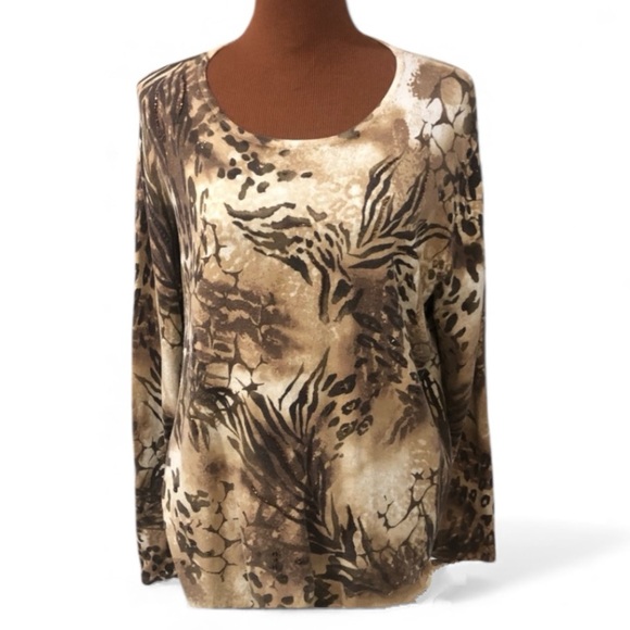Alfred Dunner Long Sleeve Sweater Scoop Neck Animal Print Tan Brown Size XL GUC - Picture 9 of 9